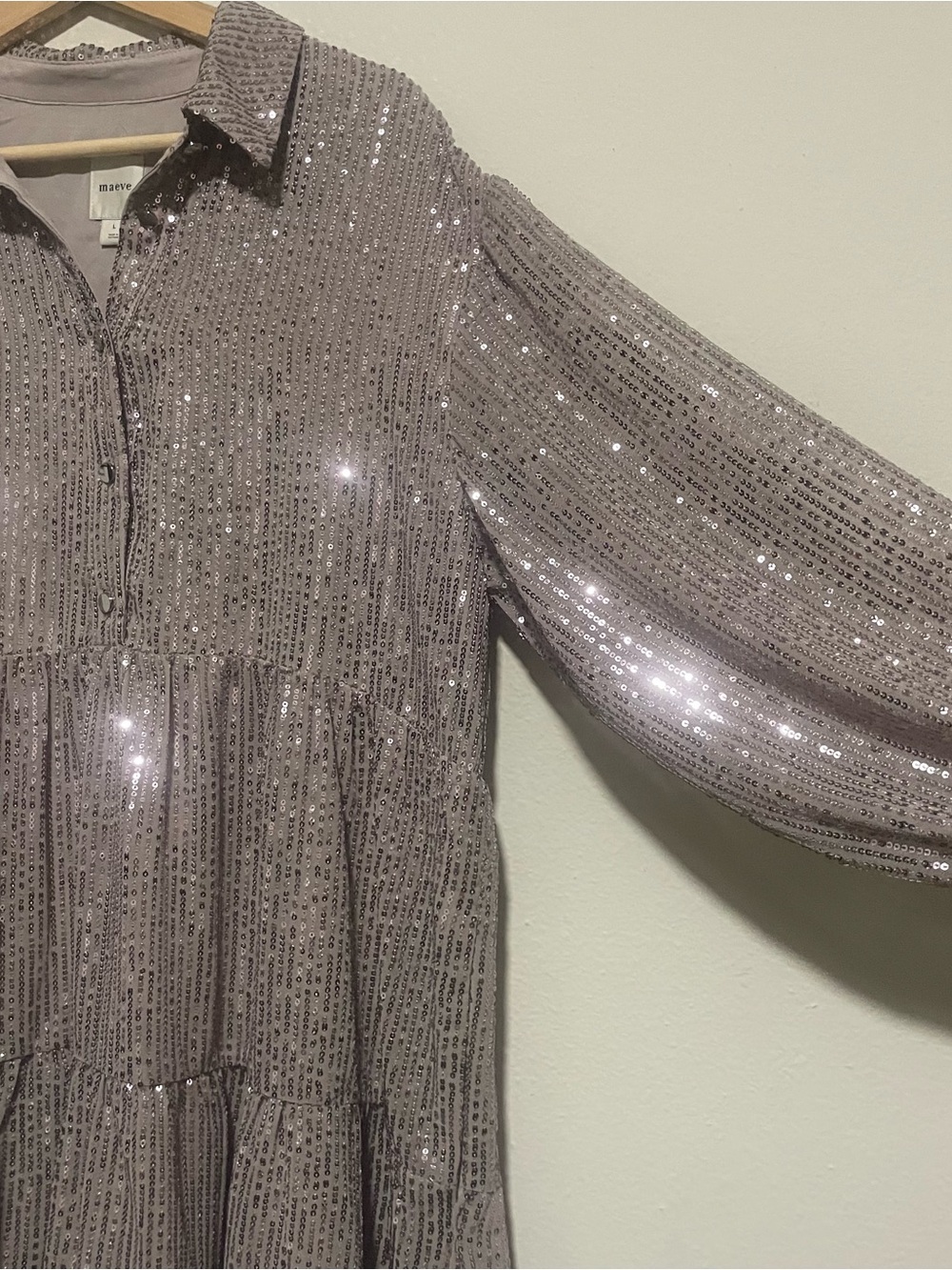 Maeve Anthropologie Bettina Silver Sequined Tiered Shirt Dress, Size Large - Picture 3 of 4